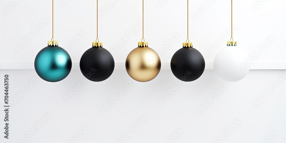 Minimalist Nordic Christmas tree ornaments in black, white, gold, and turquoise.