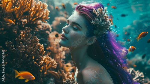 Close up of real mermaid with purple hair and fish tail swimming underwater near coral reef with colorful fish, fantasy