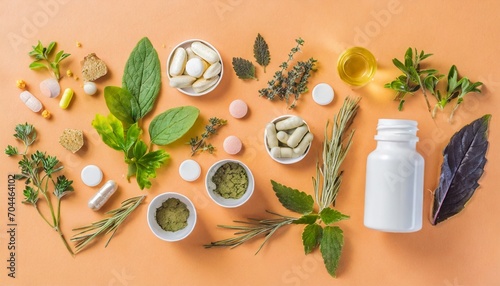 different pills and herbs on pale orange background flat lay dietary supplements