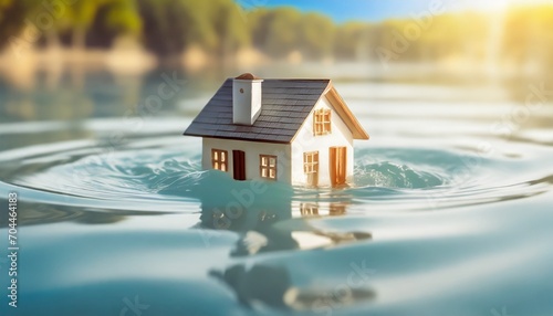 a miniature model house submerged in water natural disasters and floods concept background generative ai