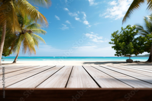 Summer tropical sea beach with waves  palm leaves and blue sky with clouds. Vacation landscape with empty wooden table for display of presentation product