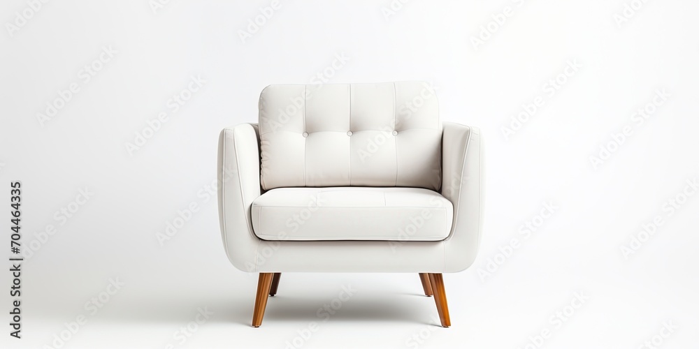Obraz premium Isolated white background with wooden-legged armchair or sofa in soft textile upholstery.
