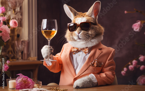 Funny cute easter bunny cheers with wine glass. Creative Easter party concept
