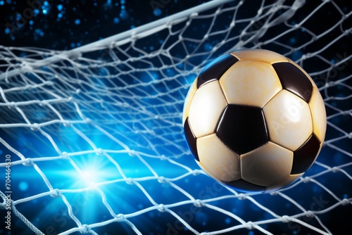 This dynamic image captures a classic black and white soccer ball as it impacts the back of the goal net  with a powerful sense of movement against a brilliant blue light in the background which