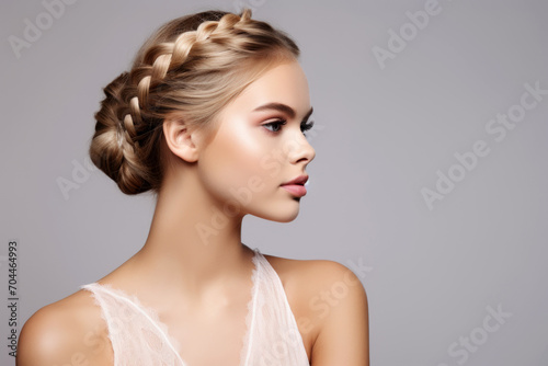 Beautiful young woman with braided hair on grey background