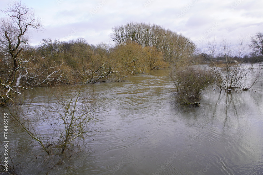 Leine flood on January 7, 2024, near Hanover Lower Saxony, Germany.