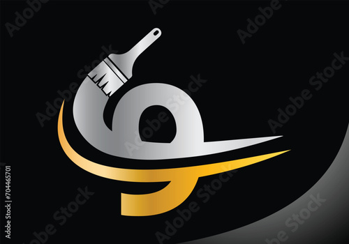 Paint brush With Letter 9 logo design template. Initial Luxurious Paint Sign Concept Template