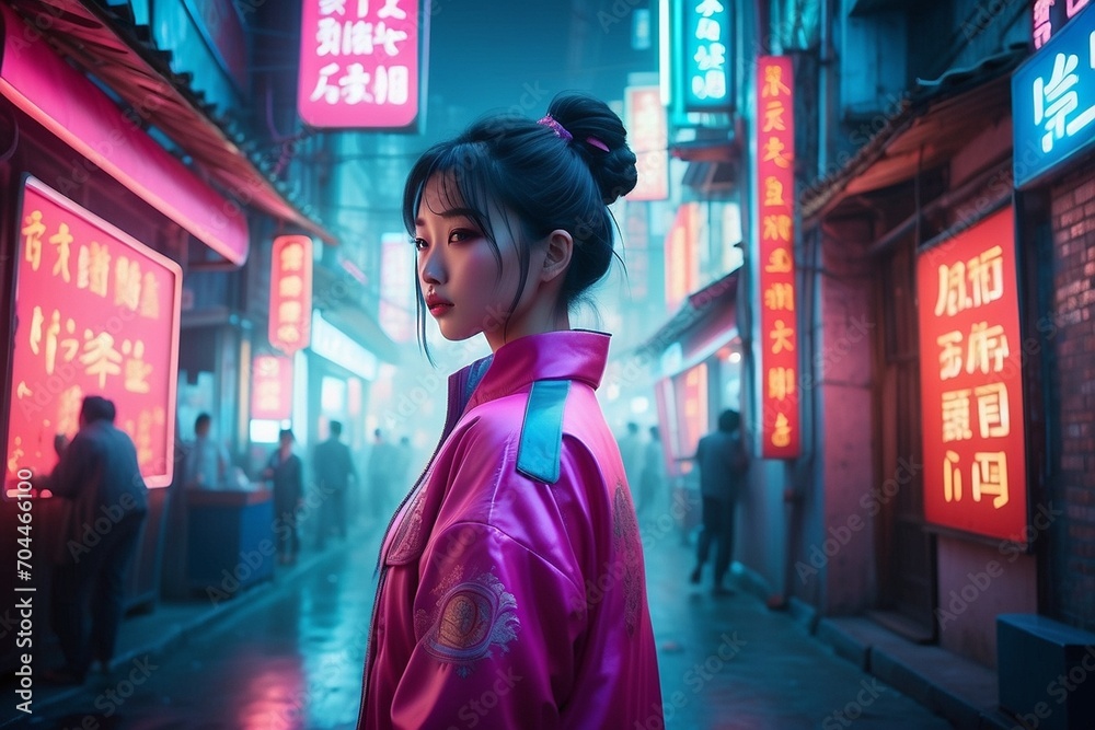 Neon Street Elegance: Captivating Woman in Cyberpunk Couture Amidst Urban Glow