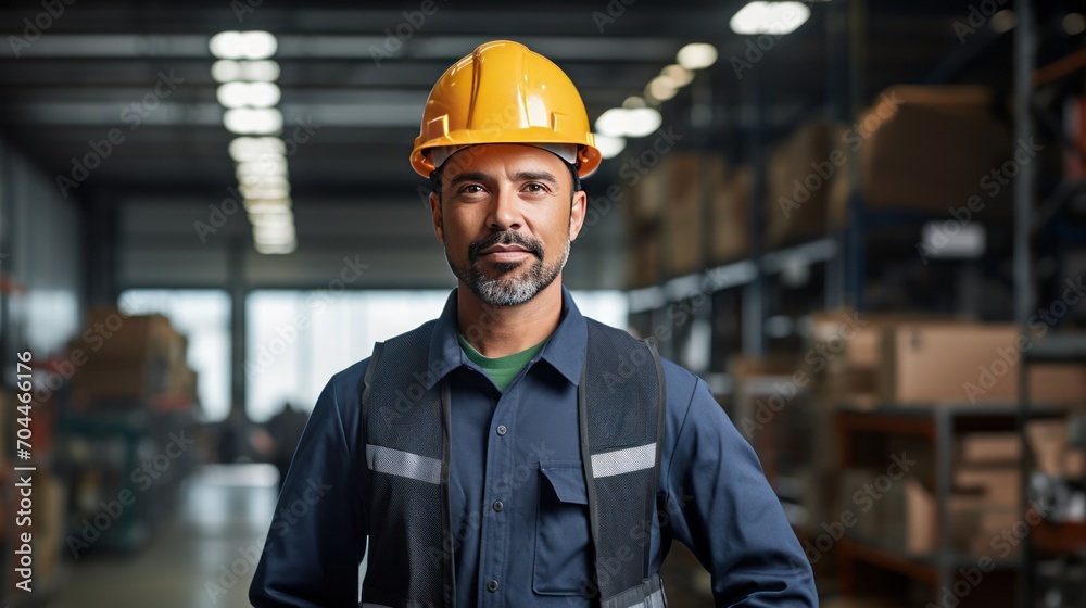 Male professional holding hardhat while standing with hand in pocket at warehouse Male professional holding hardhat while standing with hand in pocket at warehouse