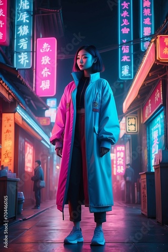 Neon Street Elegance: Captivating Woman in Cyberpunk Couture Amidst Urban Glow © Ygor