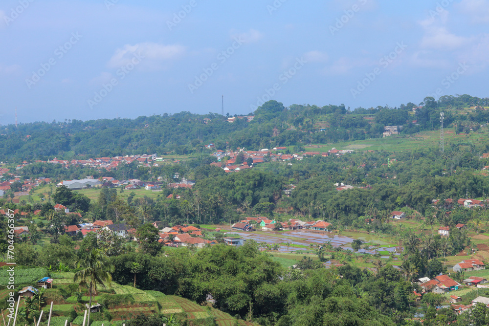 landscape of green rice terraces with traditional Indonesian houses around it