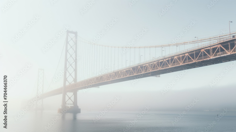 Modern bridge in the mist,Landscape, large buildings, rivers and bridges