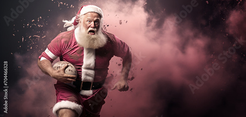 Santa Claus playing rugby on pink background with colored hair and cloak. Training after the holidays