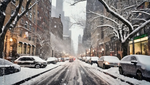 snowy winter street scene looking down 3rd avenue in the east village of manhattan during a norreaster snowstorm in new york city