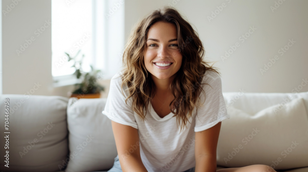 portrait of a woman sitting on a sofa portrait of a woman sitting on a sofa