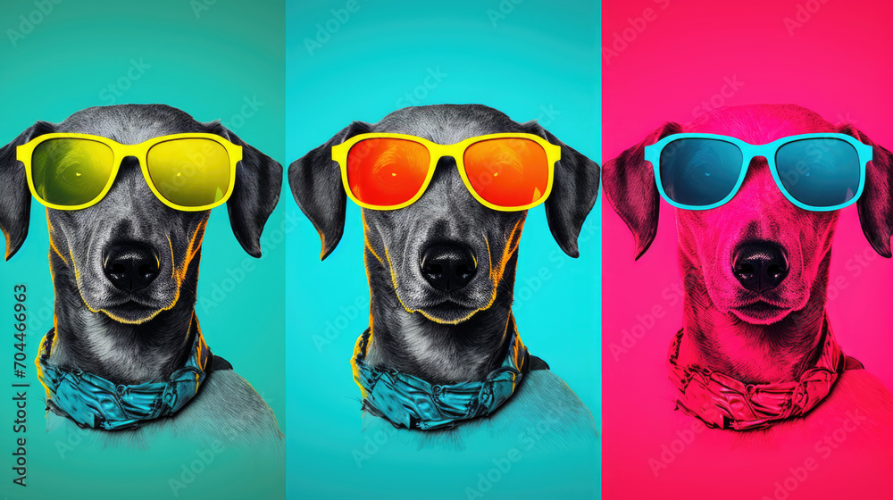 dog fashion, pop art collage style neon bold color