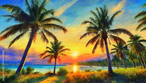 tropical landscape with palm trees at sunset digital oil painting printable square artwork