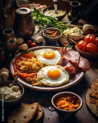 Traditional Romanian breakfast  food  meal  dish  cooking  restaurant  delicious  cuisine  grill  plate  gourmet  eggs  sousace  bacon  meat  pork  grilled  fried  sauce  cooked  mobile format 4 5