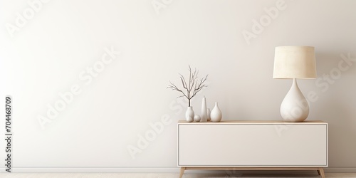 Minimalist interior with a white commode and table lamp.