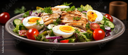 Fresh vegetable salad with chicken breast and egg