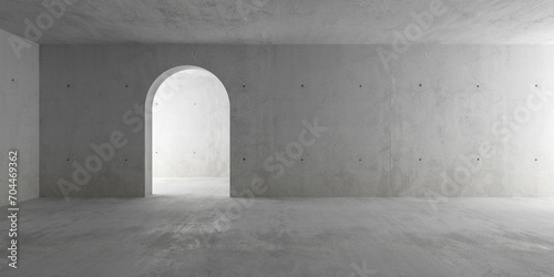 Abstract empty, modern concrete room with rounded door opening in the back wall and rough floor - industrial interior background template