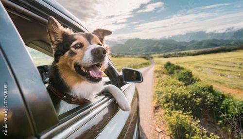 an adorable dog enjoys a fun car ride with its head out of the window enjoying the beautiful outdoor its happy expression and playful nature make this journey a memorable adventure © Enzo