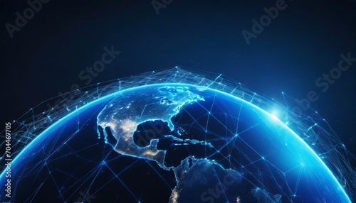 digital mainlands from space cities and countries connected by plexus light lines virtual continents creative technology ultra wide background concept of transfering information 3d rendering