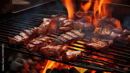 Barbecue Grill, Steaks and chops cooked on a wood fire grill.