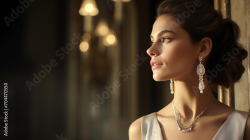 beautiful girl in jewelry, earrings and necklace