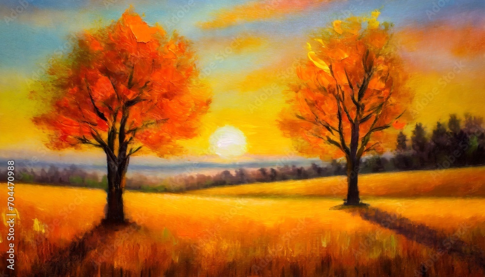 square oil painting of a cute spooky orange landscape with two autumn trees on sunset printable wall art