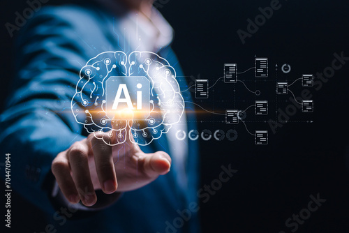 Ai tech concept, Businessman touching to Virtual Ai brain icon for artificial intelligence use analytics, automation and autonomous brain. big data management.
