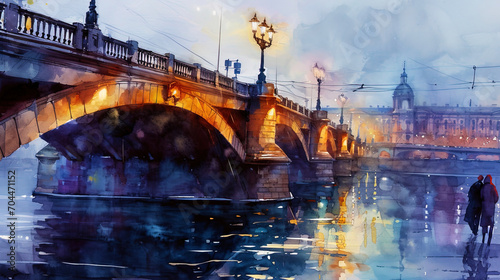The city bridge in watercolor paints, where the light from windows and lamps gently envelops its a photo