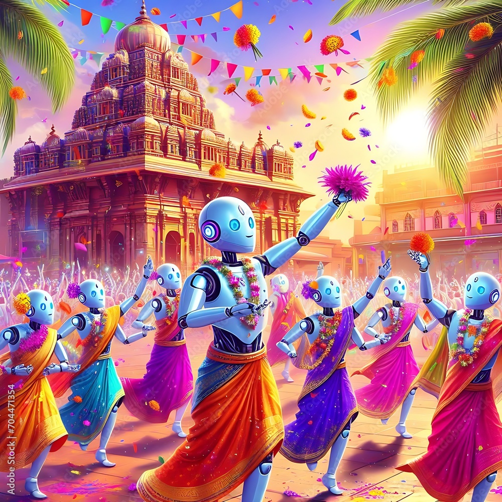 Fototapeta premium AI robot celebrating holi india