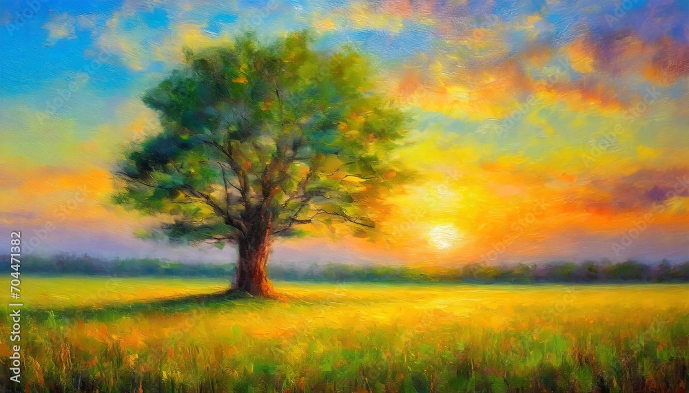 fantasy landscape with a big tree in the meadow at sunset digital oil painting impressionism impasto printable square wall art