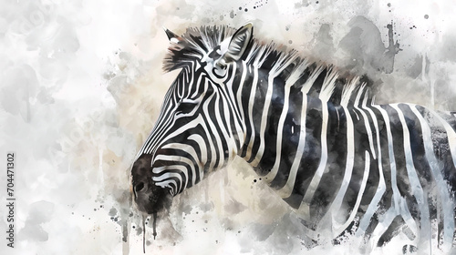 The watercolor pattern of zebra, with black and white stripes, creating a pattern on its skin