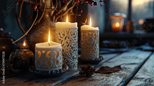 The vintage candle in the light of ivory, with carved patterns, creates a feeling of touching hist photo