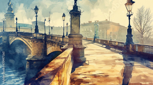 View of the bridge in watercolor paints, where the game of light and shadow gives city architectur photo
