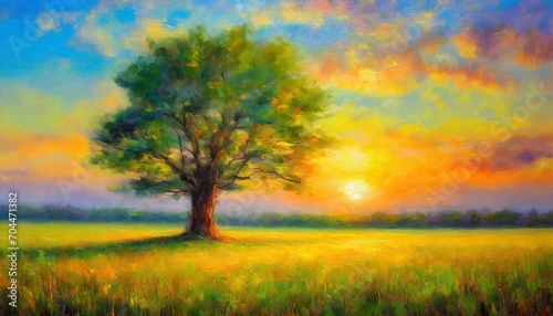 fantasy landscape with a big tree in the meadow at sunset digital oil painting impressionism impasto printable square wall art © Enzo