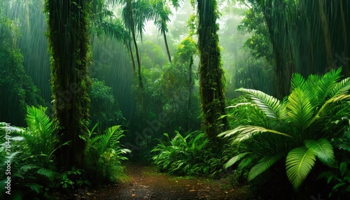 dark tropical forest in the rain large exotic plants in the forest green background ai photo