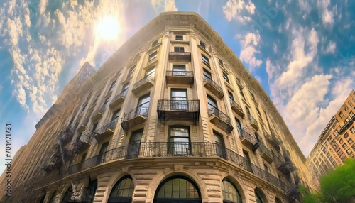 Foto new york city historic apartment building panoramic view with windows and fire e