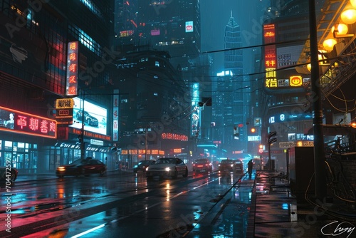 Dynamic Cyberpunk Metropolis A Thrilling Urban Landscape of Technological Marvels © Merah