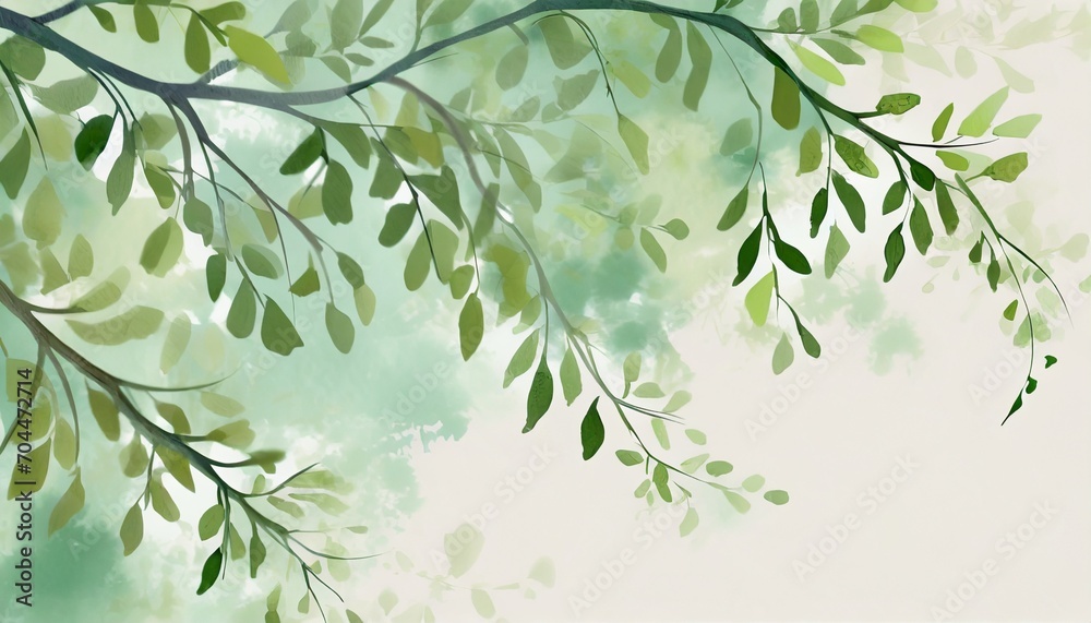 green curly branches illustration beautiful painted branches on the watercolor background design for wall mural card postcard wallpaper photo wallpaper etc