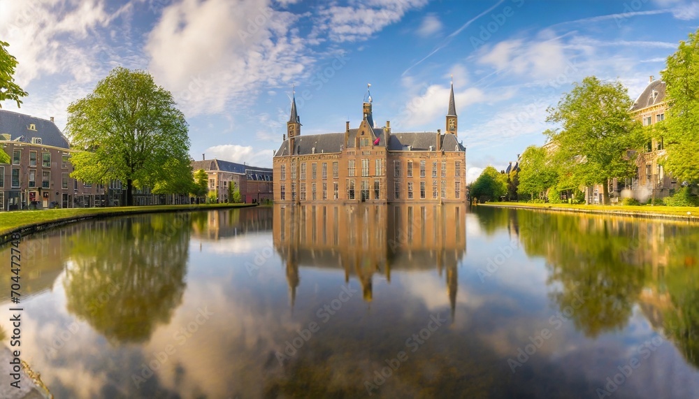 binnenhof building and the hague city reflected on the pond