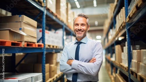 Smiling supervisor looking at stock arranged on shelves in warehouse  © CStock