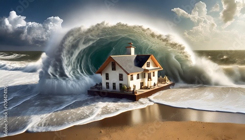huge tsunami perfect storm big waves miniature house model generative ai