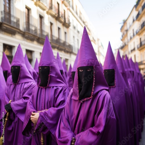 Holy Week , group of penitents holding a cross dresses with vivid colors.
