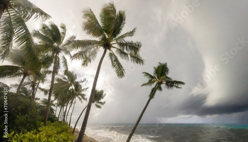 palm trees blowing in the wind and rain as a hurricane approaches a tropical island coastline