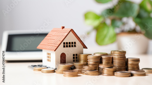 A detailed view of real estate investment, featuring a house model with coins and a calculator on a clean, white home office background, symbolizing mortgage and property planning.