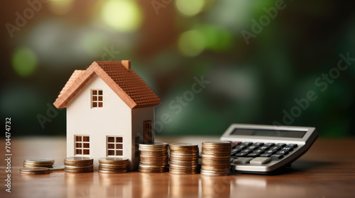Home finance, showcasing a house model, calculator, and coins, ideal for illustrating investment and mortgage concepts in real estate.