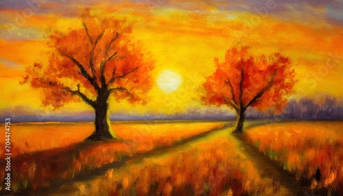 square oil painting of a cute spooky orange landscape with two autumn trees on sunset printable wall art